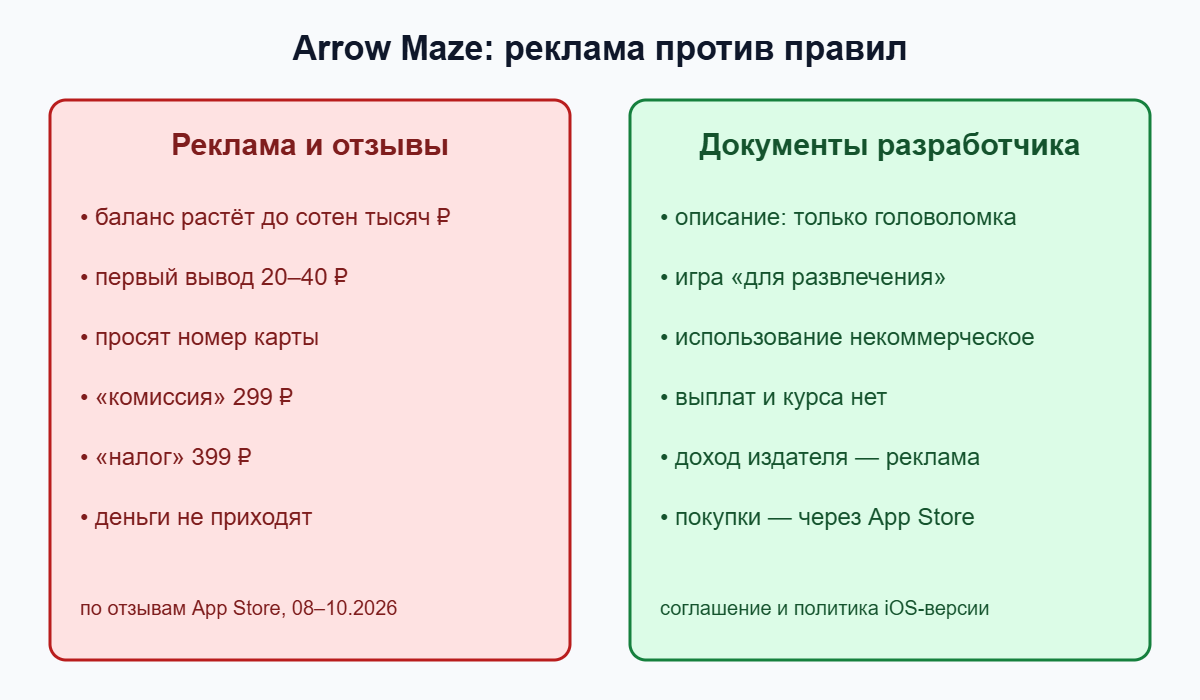 Сравнение: что обещает реклама Arrow Maze и что написано в документах разработчика