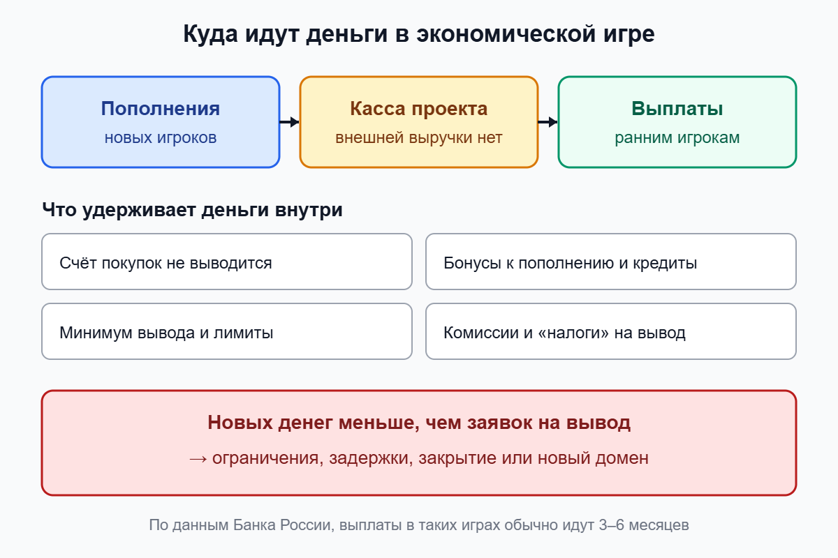 Схема: пополнения новых игроков идут в кассу и на выплаты ранним игрокам, барьеры вывода удерживают деньги