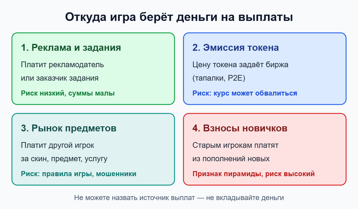 Четыре источника выплат в играх с выводом денег: реклама, токен, рынок предметов, взносы новичков