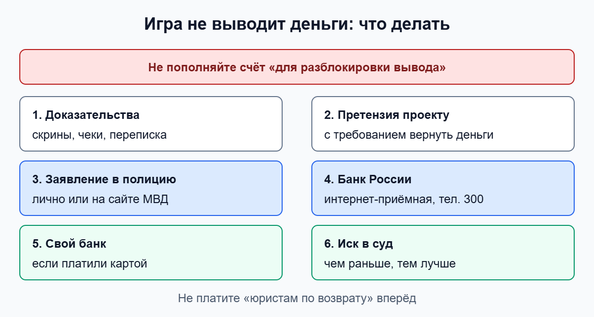 Что делать, если игра не выводит деньги: доказательства, претензия, полиция, Банк России, банк, суд