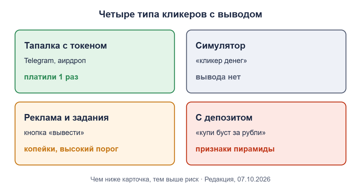 Четыре типа кликеров с выводом: тапалка с токеном, симулятор, реклама и задания, кликер с депозитом