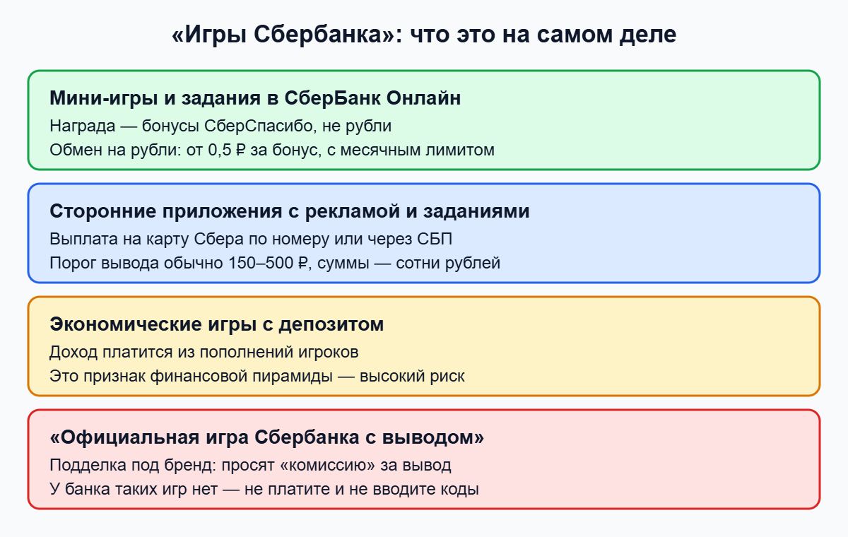 Схема: четыре варианта, которые скрываются за запросом «игры Сбербанка с выводом денег»