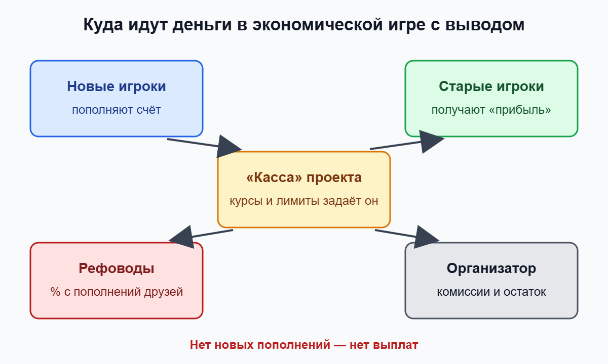 Схема движения денег в экономической игре: пополнения новых игроков идут на выплаты старым, рефоводам и организатору